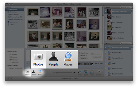 The three buttons towards the lower left to choose between Photos, People, and Places.
